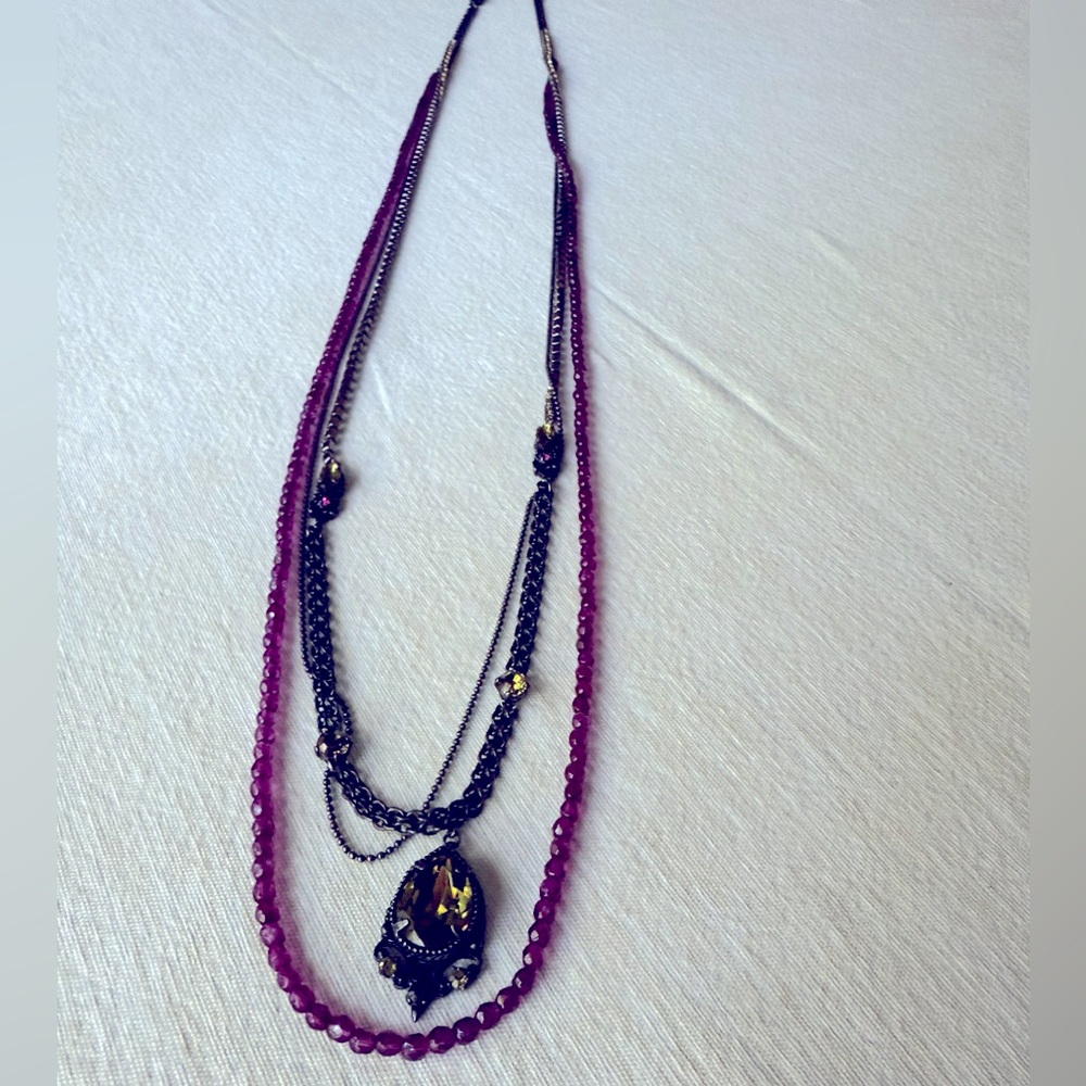 Satellite Paris Multi-Layered Necklace with Purple and Black Accents yellow ston